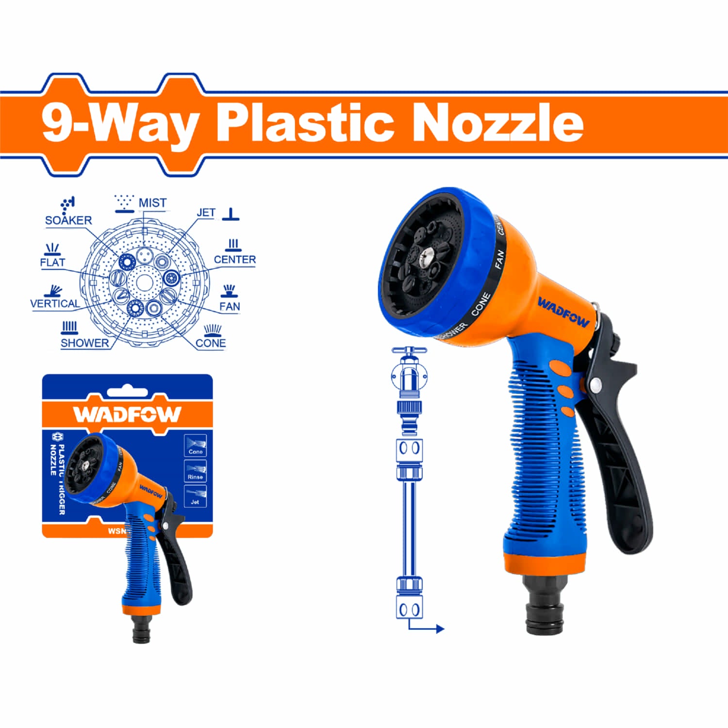 Pistola para manguera de agua de plástico ajustable a 9 maneras diferentes de salida del agua.