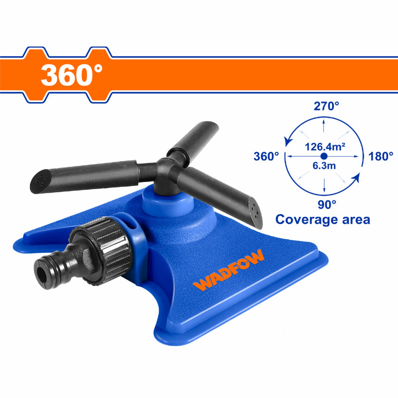 Aspersor de 3 brazos giratorio 360º. Con adaptador de herramientas de 3/4". Base de plástico. Para riego regar