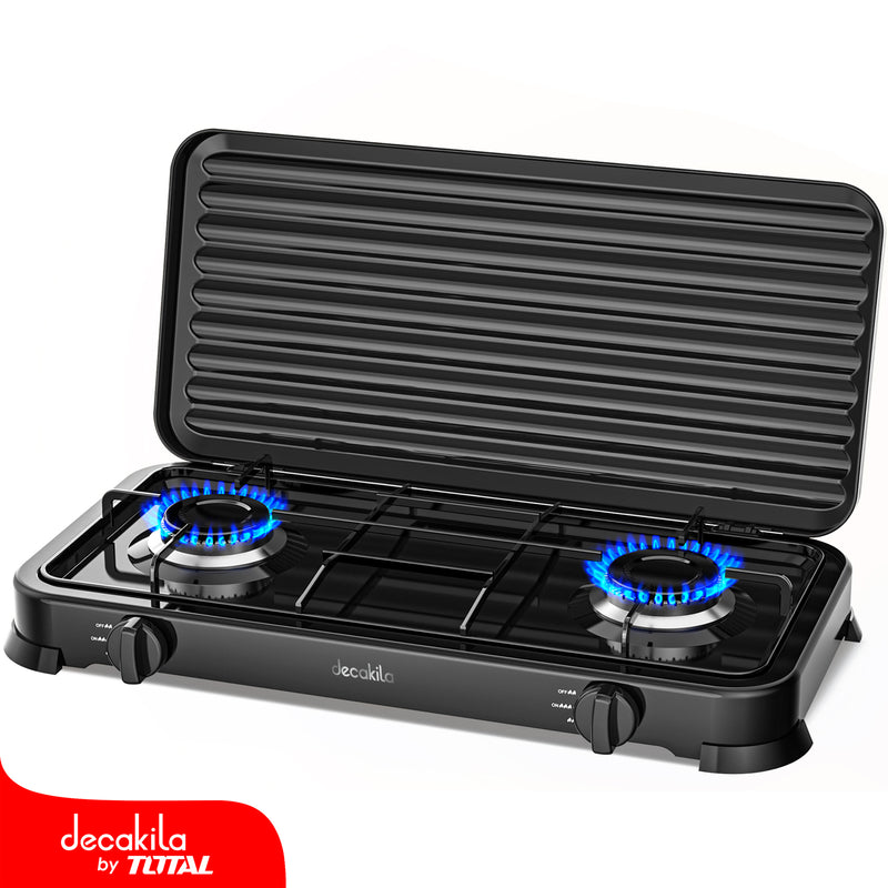 Estufa de gas portátil de dos quemadores, 2.2Kw cubierta de hierro antideslizante.