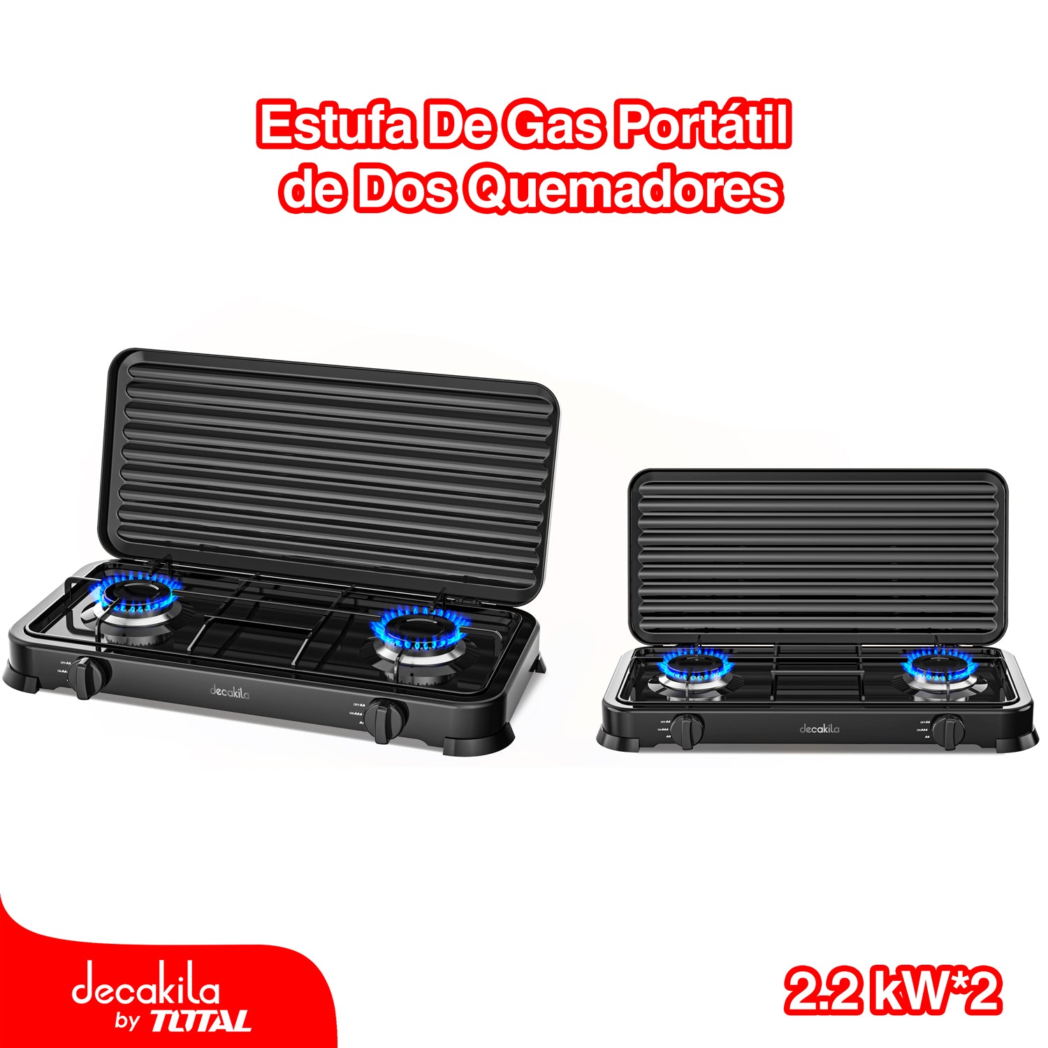 Estufa de gas portátil de dos quemadores, 2.2Kw cubierta de hierro antideslizante.