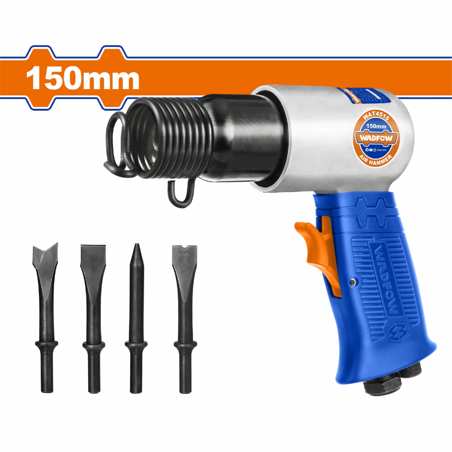 Llave de Impacto neumática 150mm. Velocidad: 4500 BPM. Presión de aire: 90psi. Incluye cinceles.