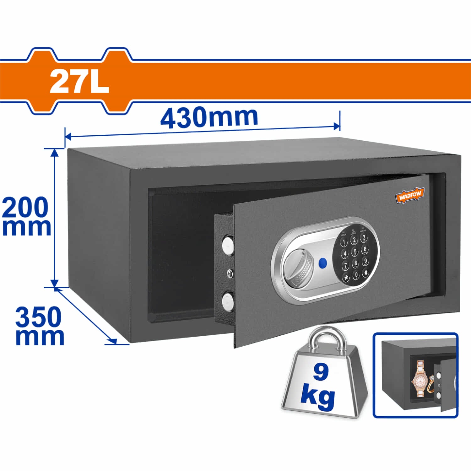 Caja fuerte de seguridad eléctrónica 27L. 200 x 430 x 350mm. Registra 3 a 8 dígitos.