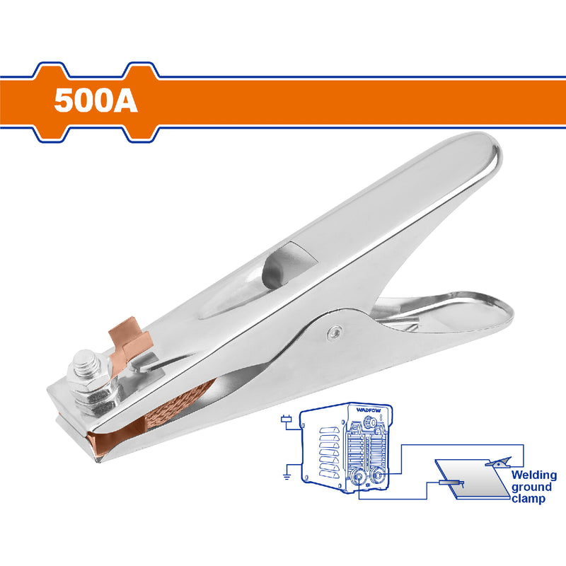 Pinza para cable tierra para soldadura de 500A. Apertura máx: 75mm. Longitud:205mm.