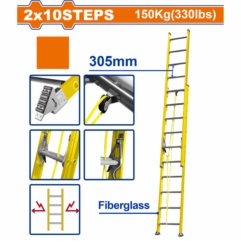 Escalera Extensible 2x10 de fibra de vidrio. Carga Máx. 150Kg Altura escalón 305mm.