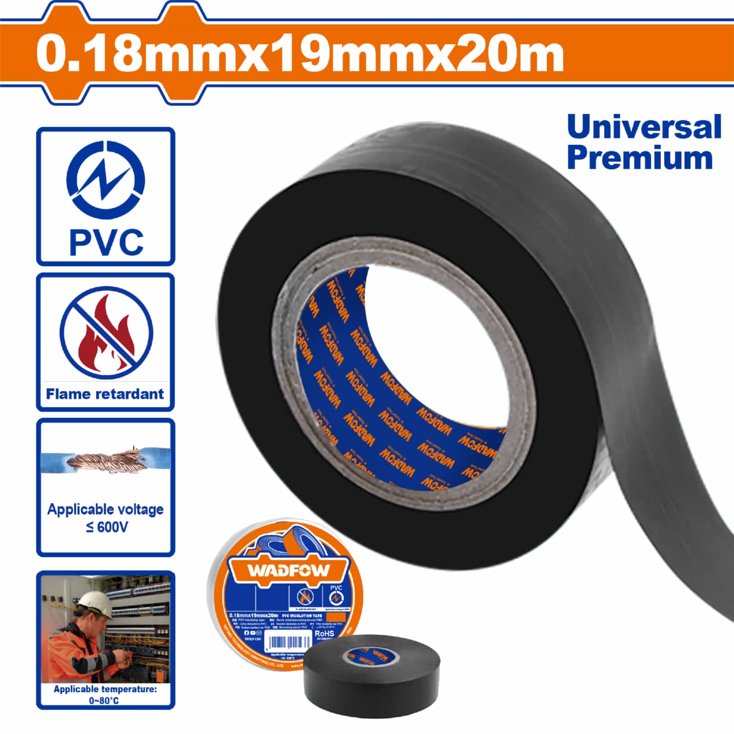 Gutapercha Tape Eléctrico de PVC puro 19mmx20m Color Negro. Resistente al Fuego. Cinta Aislante.