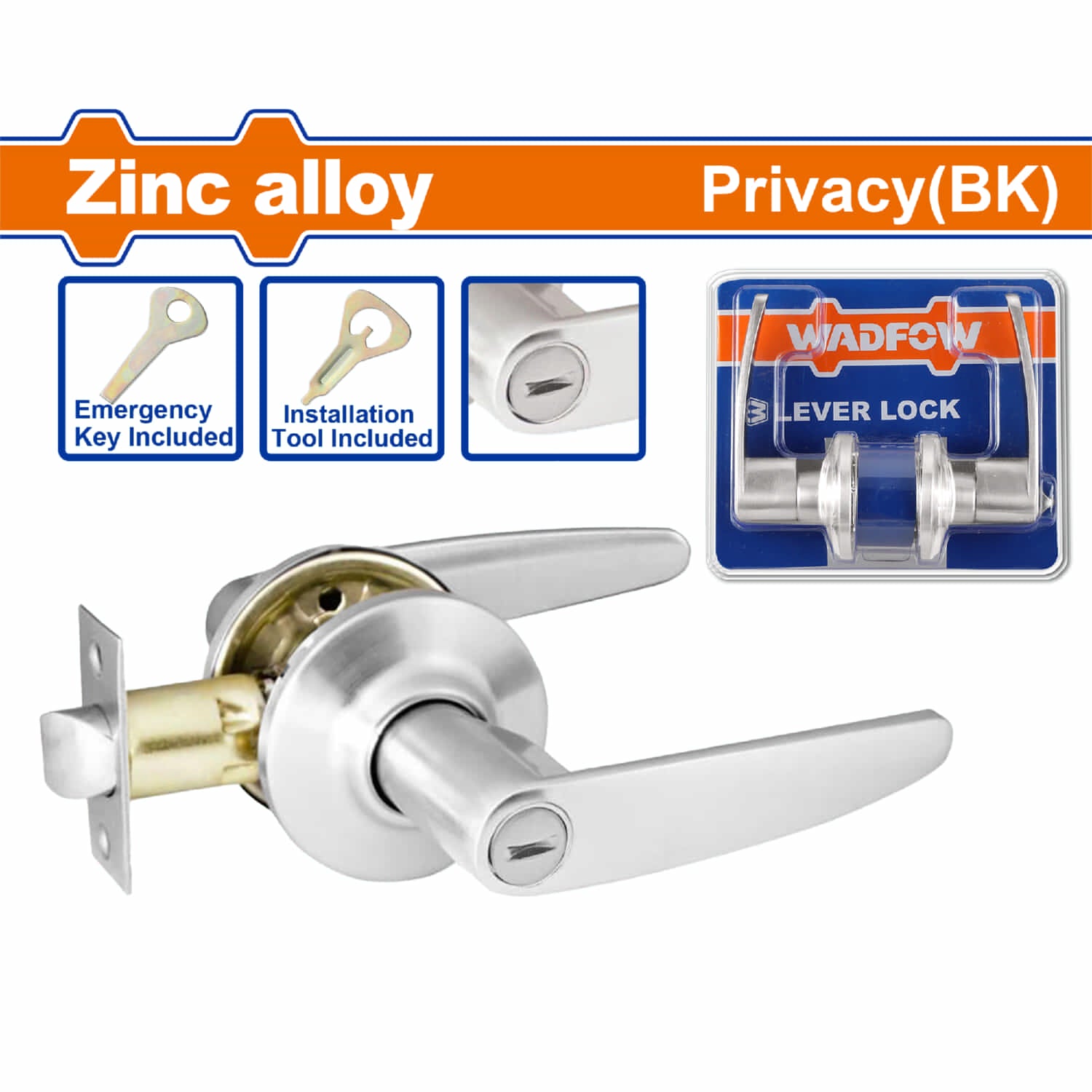 Cerradura Manija tubular para baño de 65mm niquelado satinado. Palanca tubular. Cerradura de 3 palancas.