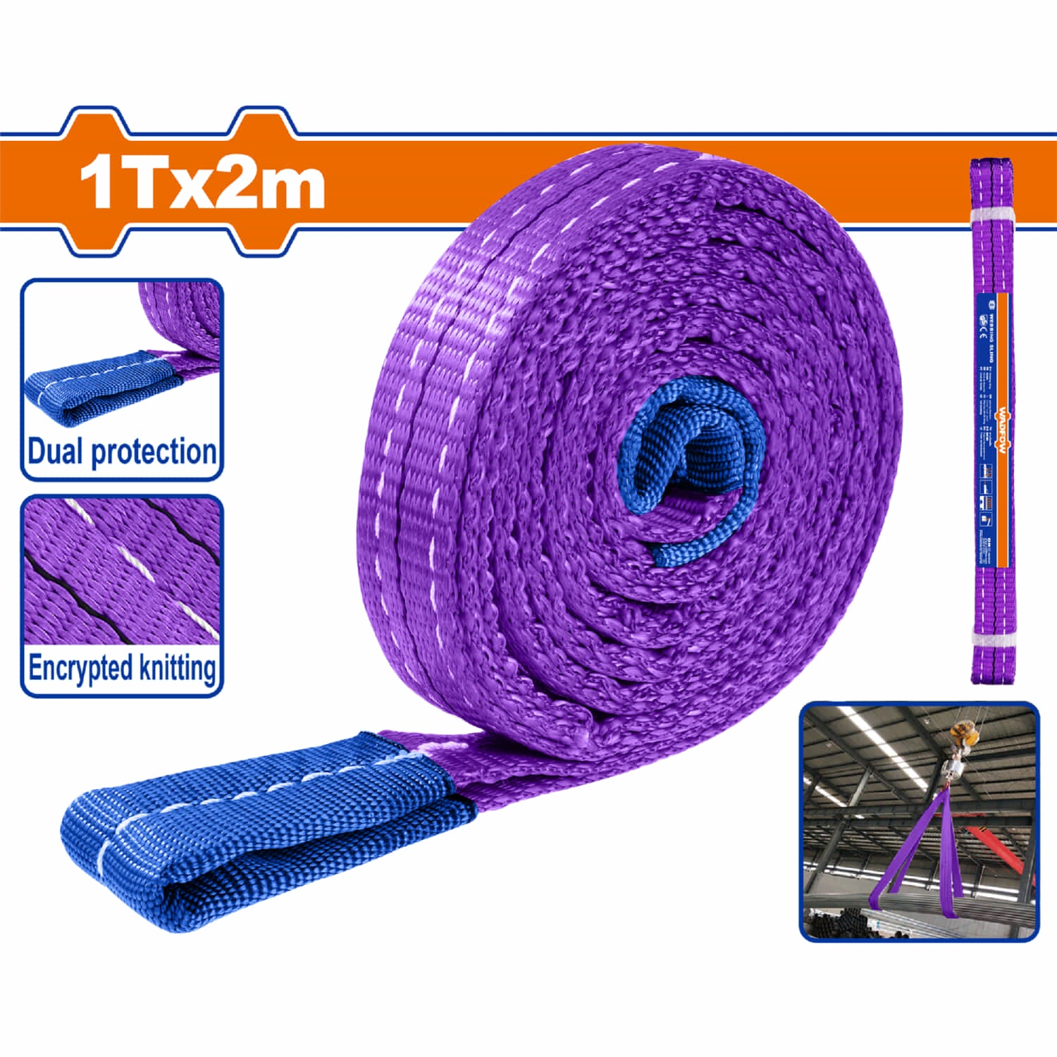 Cinta de Eslinga 1 T x 2m. 2 capas. 100% Poliestér. Seguridad: 5:1. Arnés económico y adaptable.