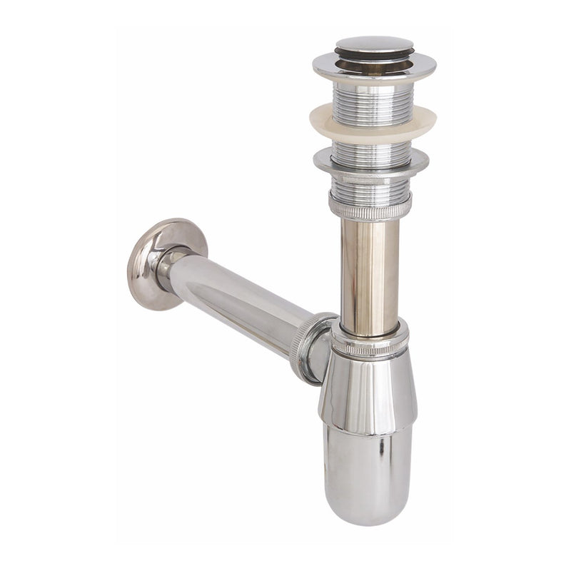 Trampa metálica de lujo para lavamanos con desague con tapa cromada y con rebosadero