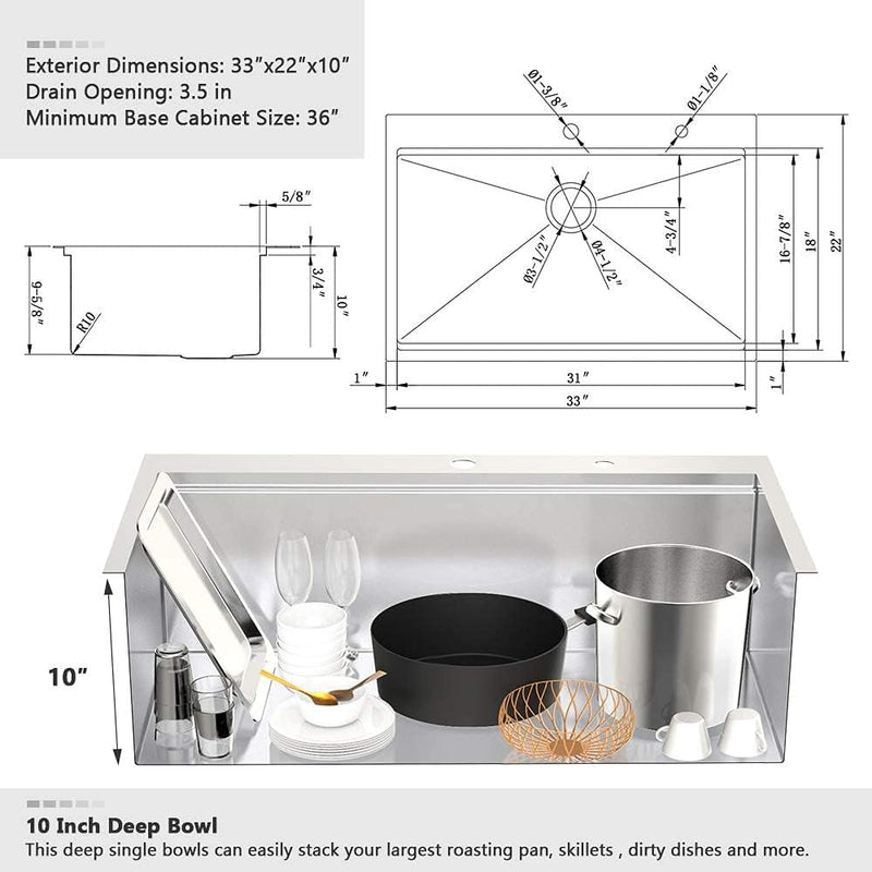Fregador acero inoxidable 33" x 22" x 10" calibre 16.