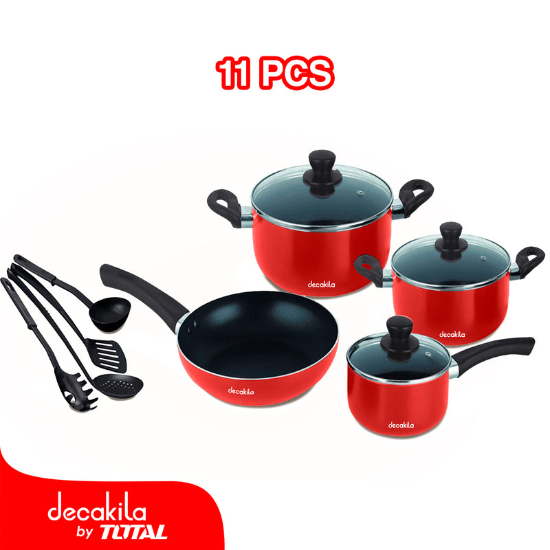 Set de Ollas y Sartén 11 piezas. Incluye utensilios. Doble revestimiento antiadherente.