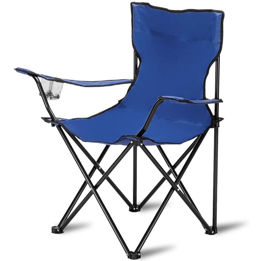 Silla plegable color azul de 50cm x 50cm x 80cm con portavasos