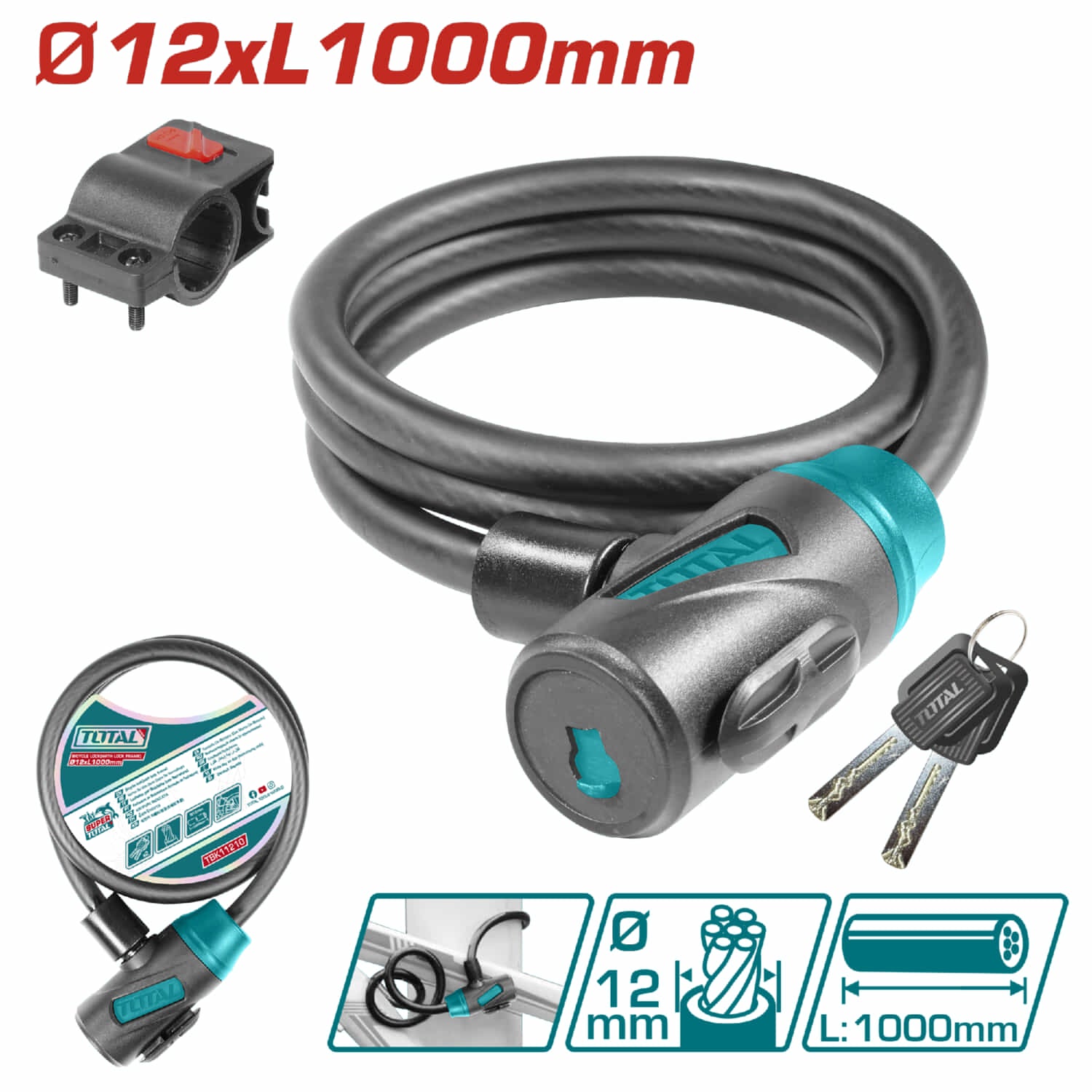 Cadena de seguridad para bicicleta de 12 x 1000mm. PVC. Incluye porta candado y dos llaves.