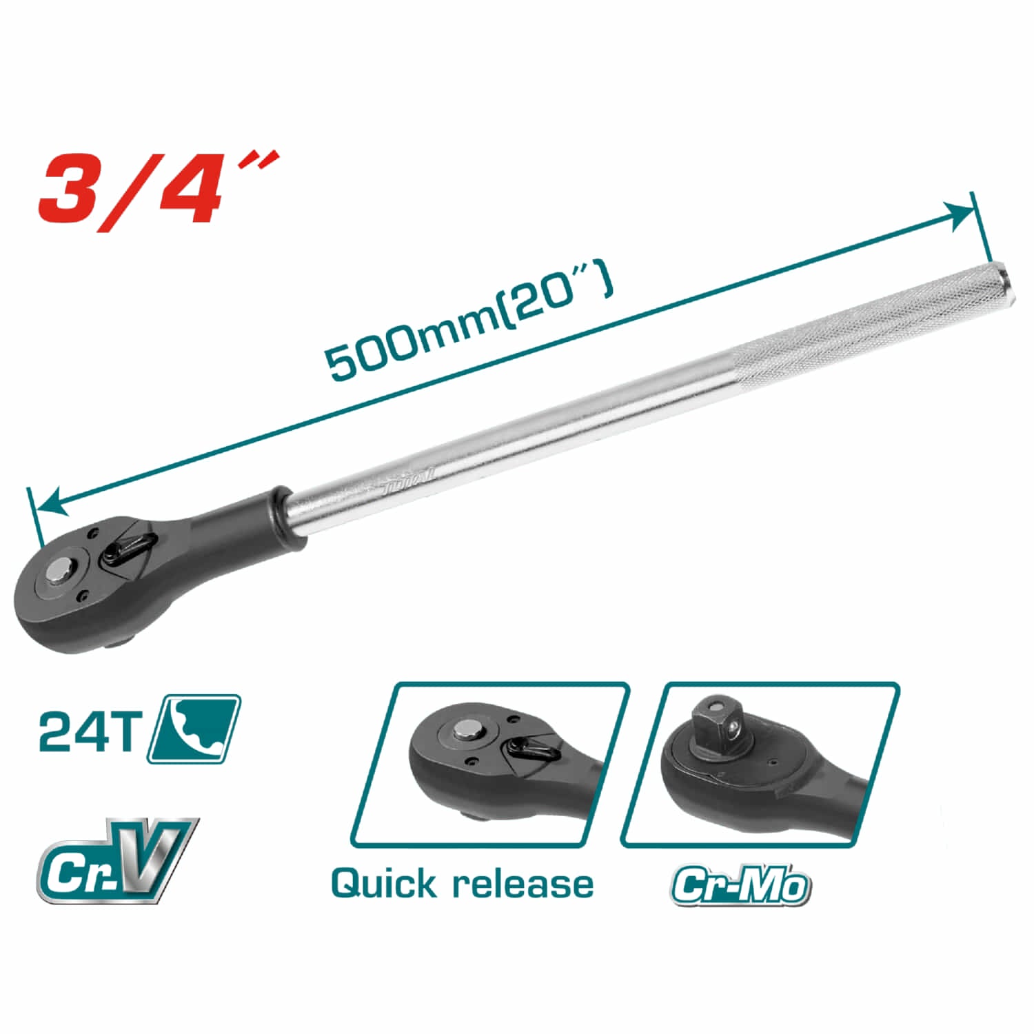 Mango Ratchet con liberación rápida. 3/4" Cr.Mo. 500 mm (20") 24T.