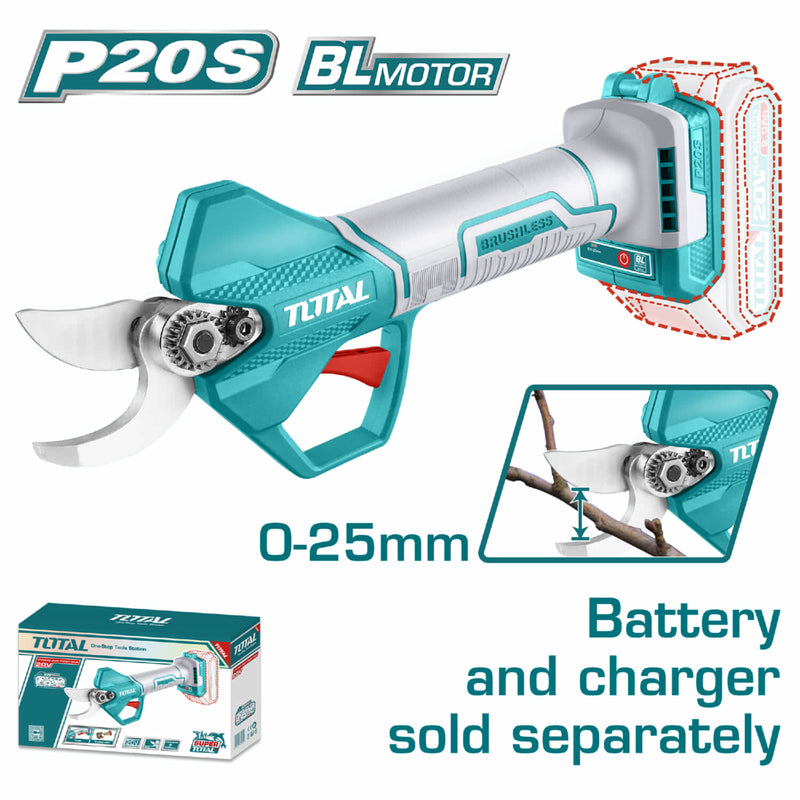 Tijera de Podar Inalámbrica 20V Motor sin escobillas. Corte 25mm. Batería y cargador por separado.