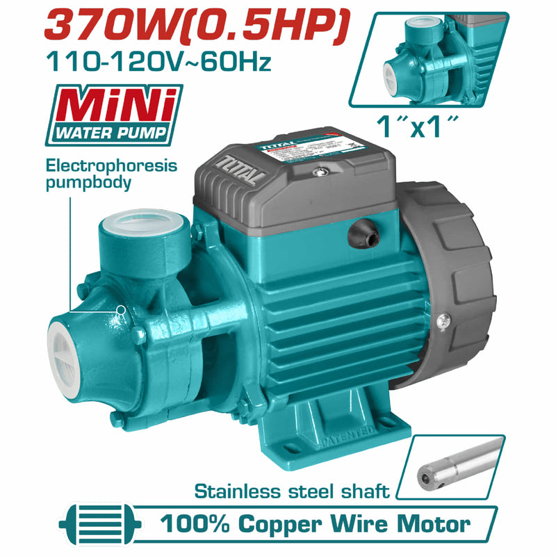 Bomba de agua Periférica de Alto Rendimiento 370W 0.5HP Voltaje: 110-120V. Flujo máximo: 30L. Succión: 8m.