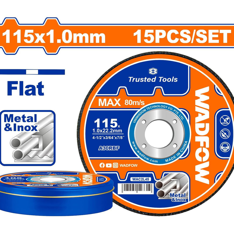 Disco Corte de Metal y Acero Inoxidable 115x1.0mm. Plano. Set de 15 piezas.