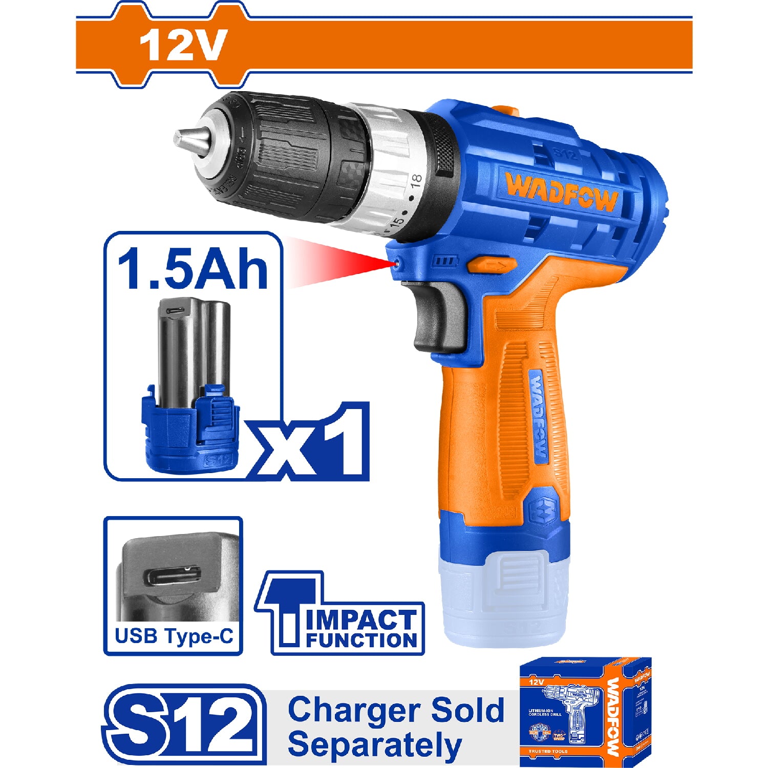 Taladro drill  Inalámbrico Función Impacto 12V.  3/8" 0.8-10mm. 0-400 / 0-1500rpm. 20NM. Cargador por separado.