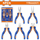 Mini Alicates 4.5"(combinados, diagonal, larga,final,plana) Set de 5. Mango de plástico.