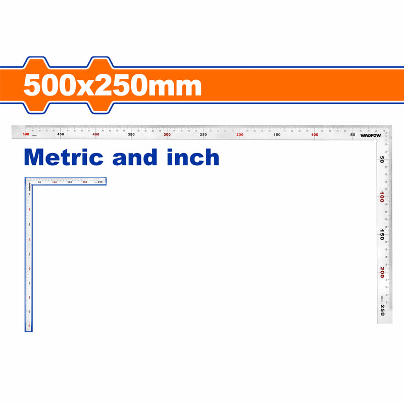 Escuadra Angular de Acero Inoxidable de 500x250mm(20"x10"). Mide metros y pulgadas.