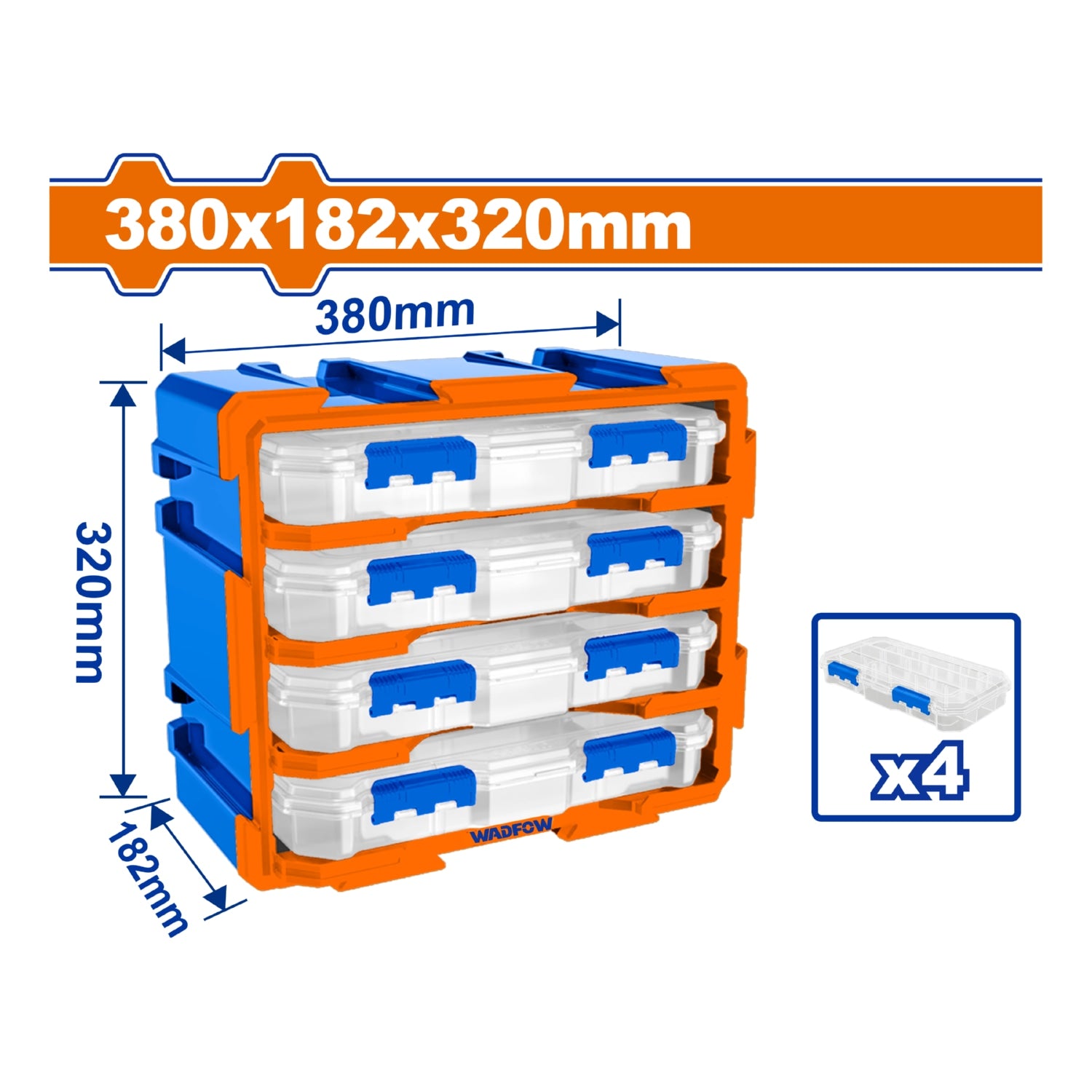 Organizador cajas plasticas modulares tipo torre. 380x182x320mm. Set de 4 piezas. Se une vertical u horizontal.