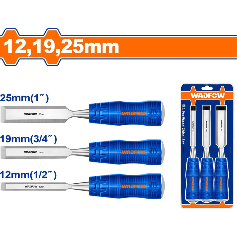 Cinceles de madera 12,19,25mm. Mango ergonómico. Acero al Carbono. Long. 105mm (3pzs. Set)