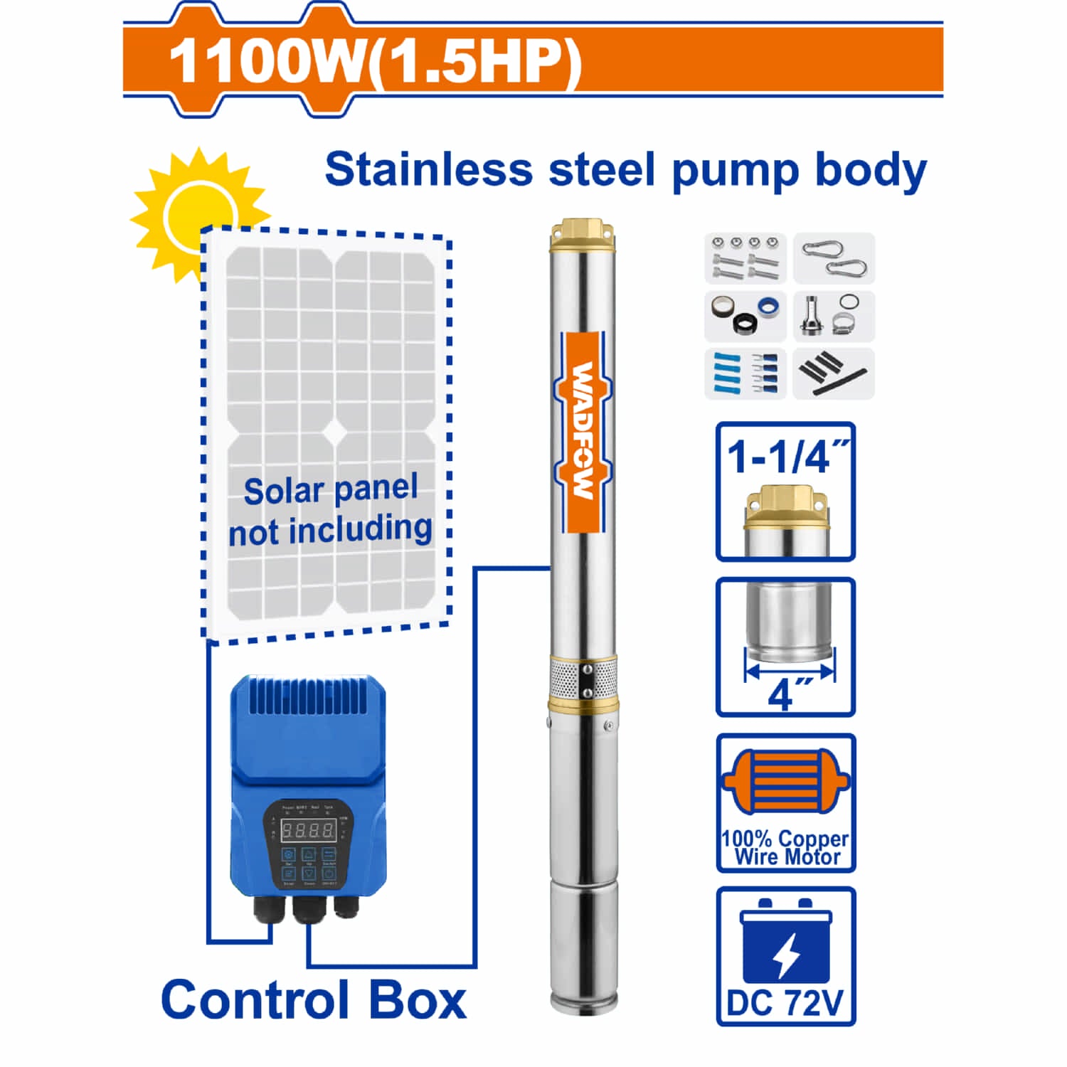 Bomba de pozo profundo solar 72V 1100W (1.5HP) 87m Flujo 6.5m³/h No incluye panel solar.