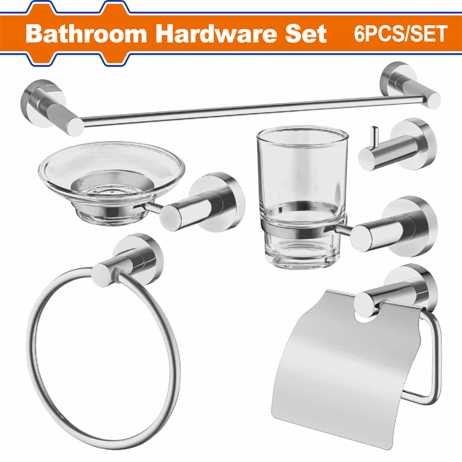 Accesorios para baño. 6 piezas. Fabricado en aleación de zinc, acero inoxidable y vidrio. Plata.