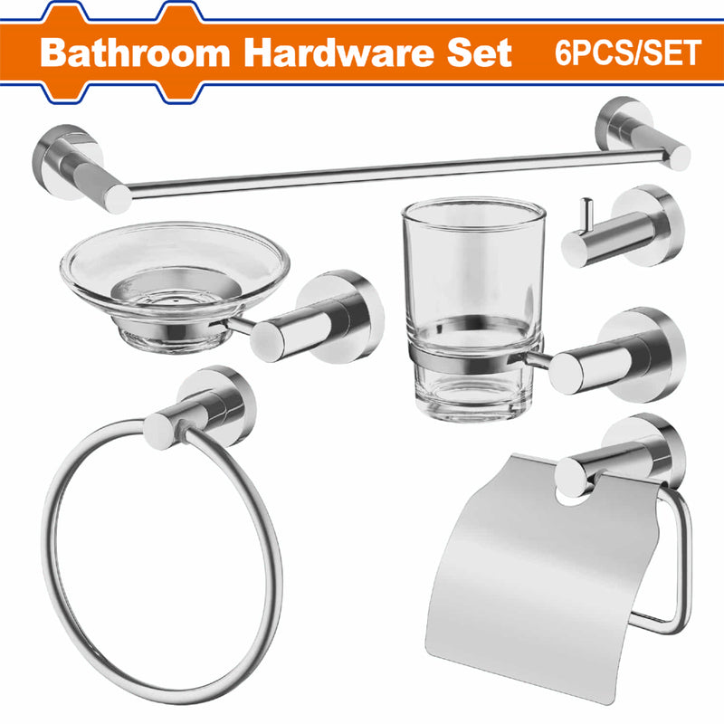 Accesorios para baño. 6 piezas. Fabricado en aleación de zinc, acero inoxidable y vidrio. Plata.