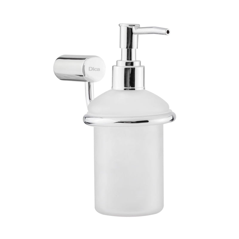 Dispensador para jabón líquido. Contenedor de vidrio y componentes metálicos.