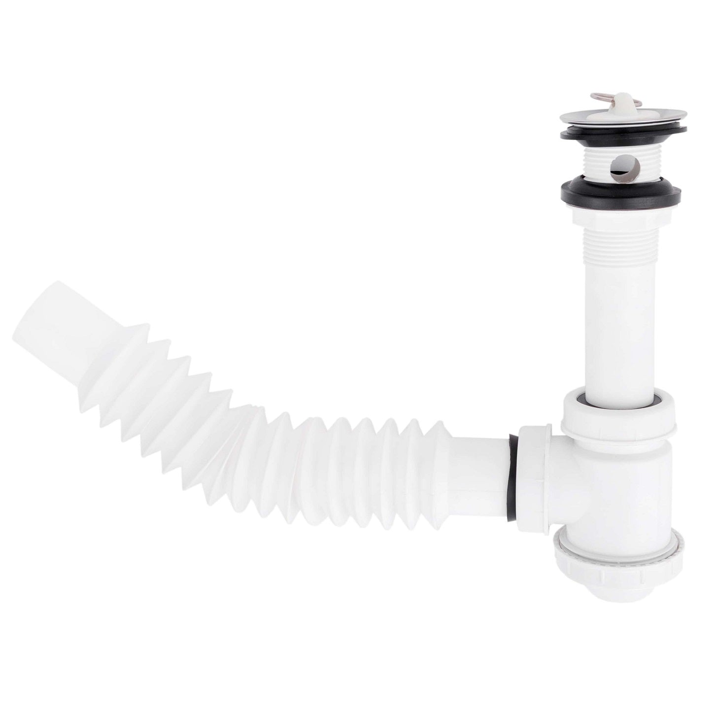 Trampa plástica flexible para lavamanos con desague con tapa cromada y con rebosadero