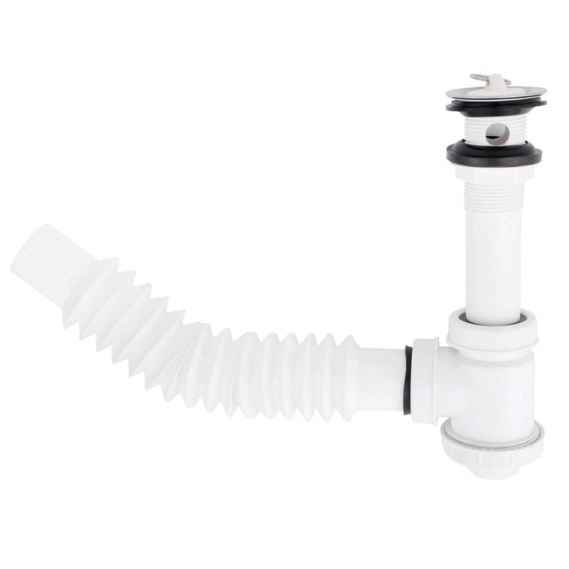 Trampa plástica flexible para lavamanos con desague con tapa cromada y con rebosadero