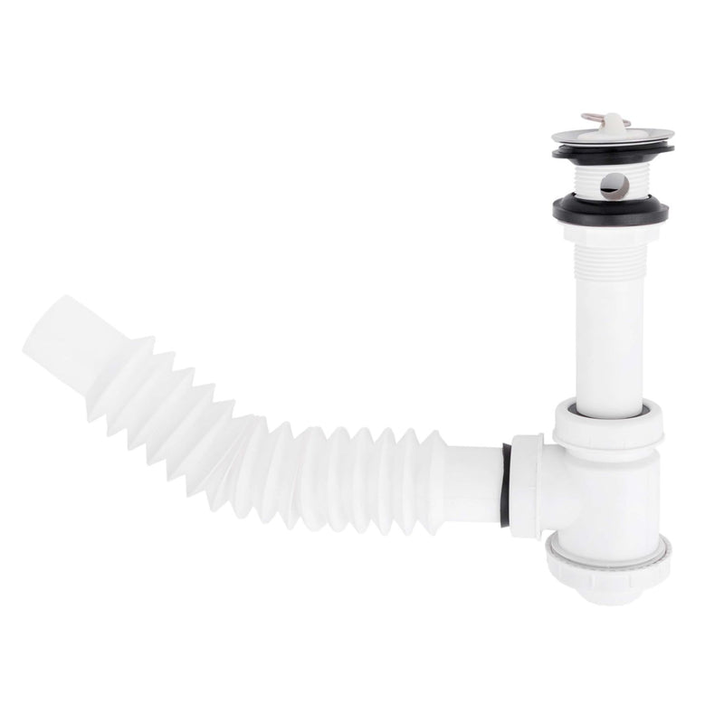 Trampa plástica flexible para lavamanos con desague con tapa cromada y con rebosadero