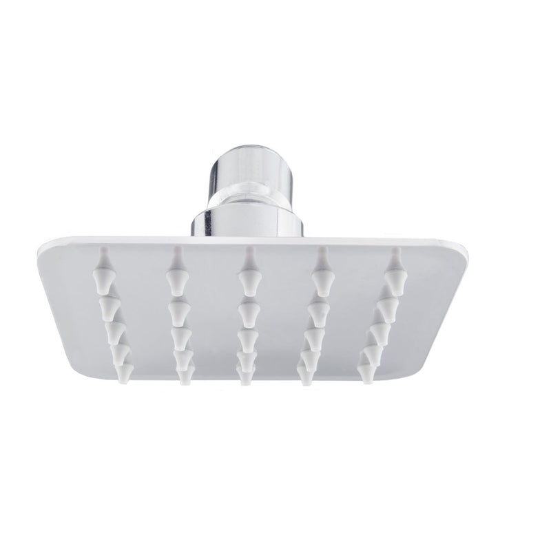Regadera ducha de plato cuadrado de 4” sin brazo y chapetón. Cuerpo en acero inoxidable 304 .