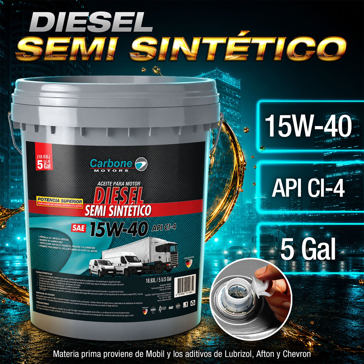 ACEITE DE MOTOR 15W-40 SAE API CI-4 SEMI SINTETICO PARA MOTORES DIESEL (TANQUE  5 GALONES / 18.93L)