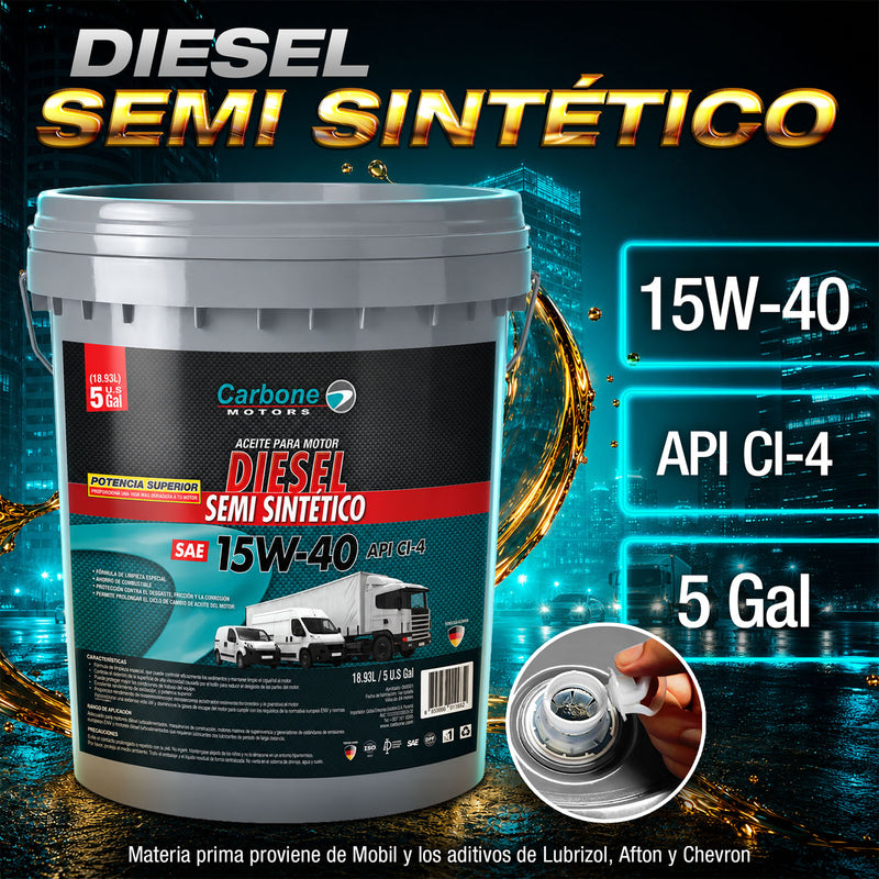 ACEITE DE MOTOR 15W-40 SAE API CI-4 SEMI SINTETICO PARA MOTORES DIESEL (TANQUE  5 GALONES / 18.93L)