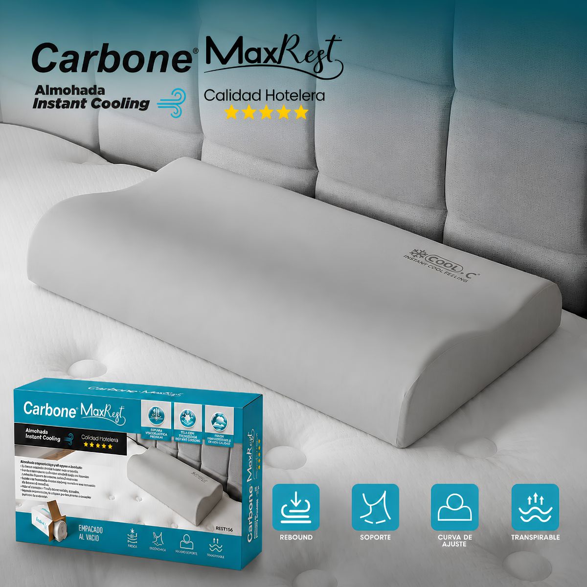 Almohada Cervical 60x35cm Carbone MaxRest 5 Estrellas con Enfriamiento Instantáneo. Alivia el Dolor y Mejora la Postura. Calidad Hotelera.