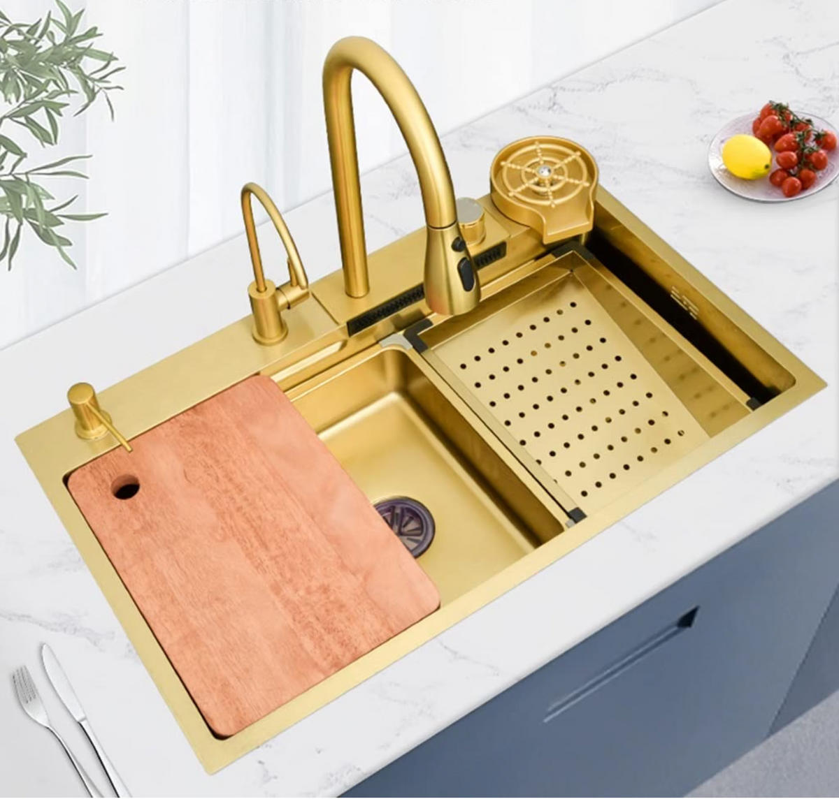 Fregador De Cocina Dorado Multifuncional Con Grifo Extraíble, Cascada Y Lavavasos De Alta Presión. Lavaplatos con Tabla de picar 75x45cm. Color Dorado.