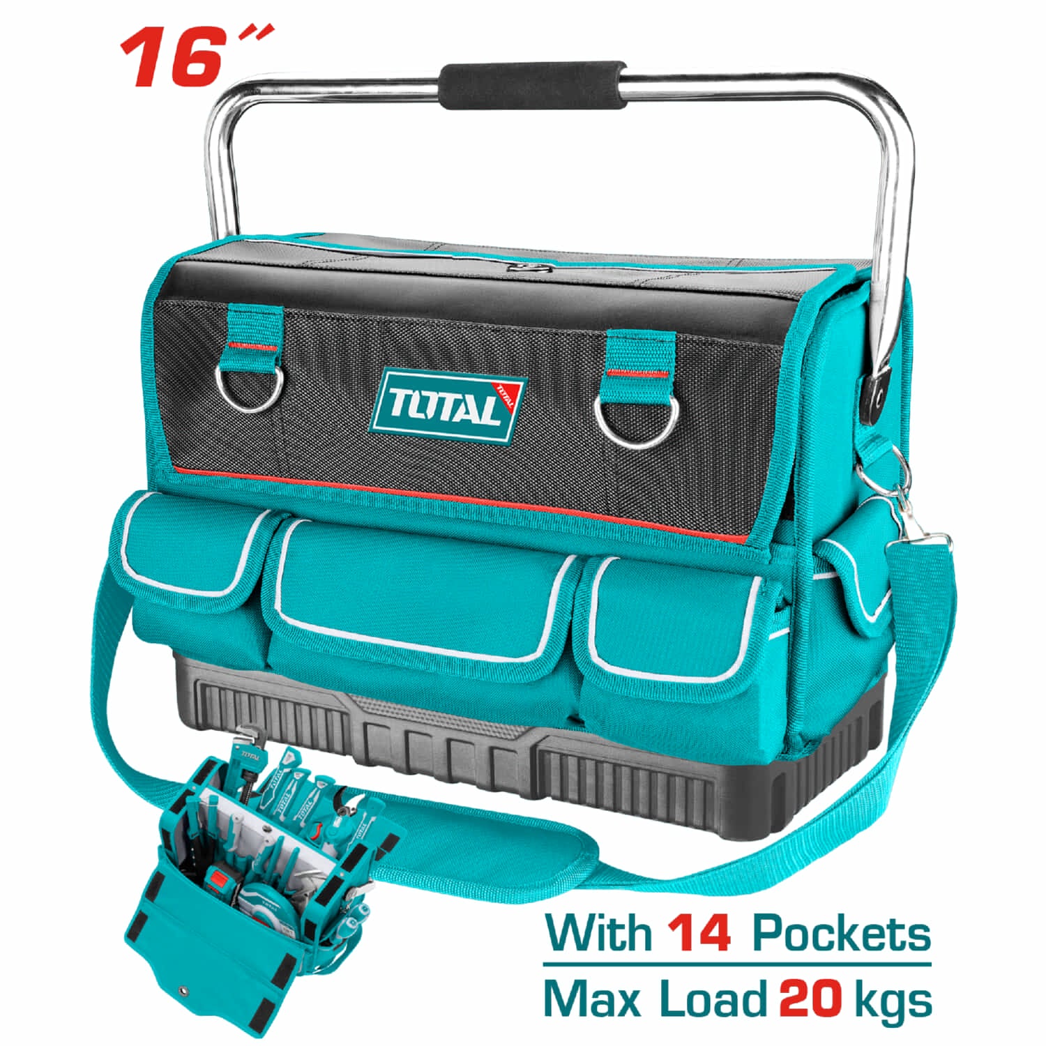 Bolso Caja herramientas de poliéster 600D, Tamaño 16”, 14pcs bolsillos para herramientas