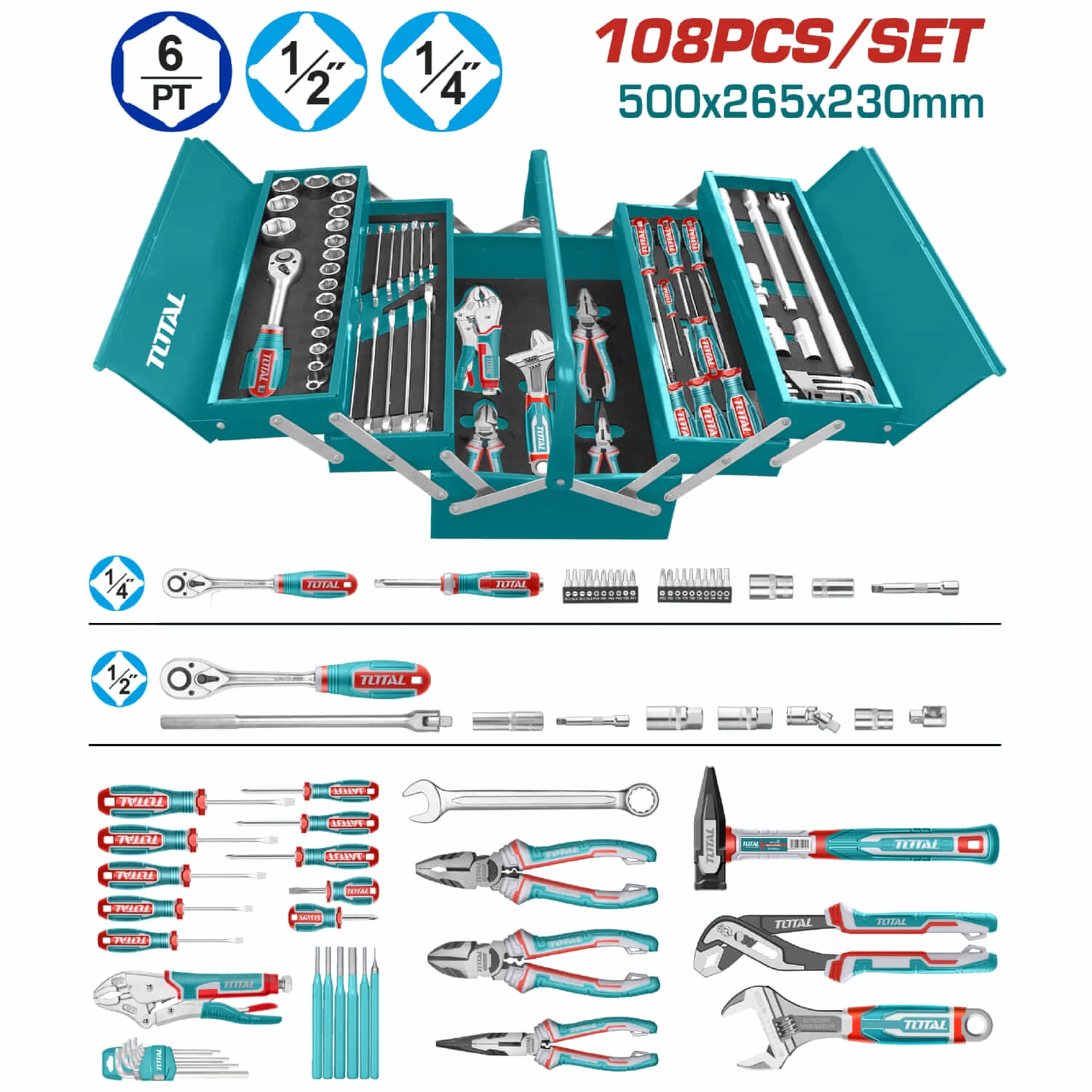 108 Piezas de Herramientas en Caja. Se vende en juego.