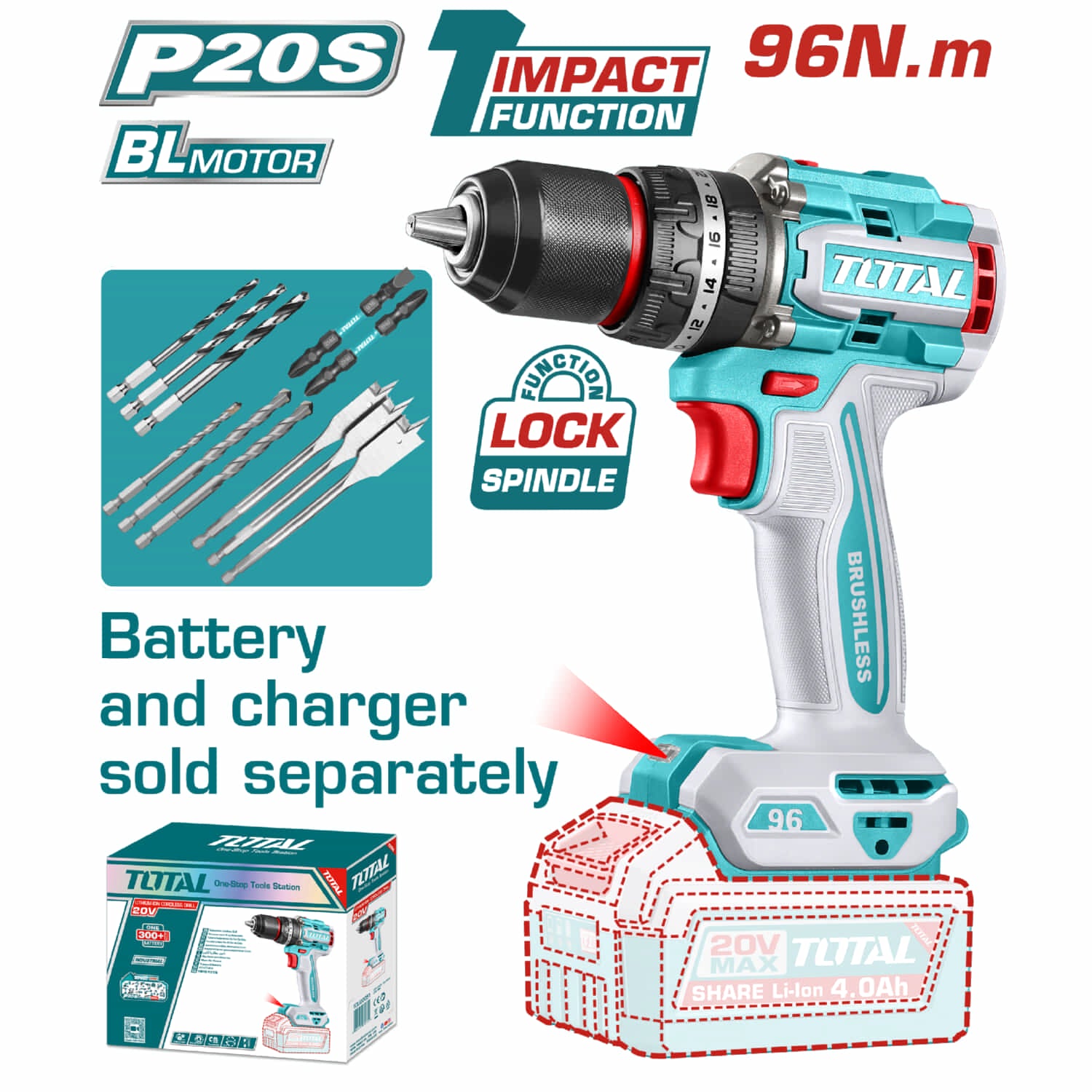 Drill Taladro Inalámbrico 96N.m 1/2" 20V Función De Impacto. Motor sin escobillas. No Incluye Batería Ni Cargador.