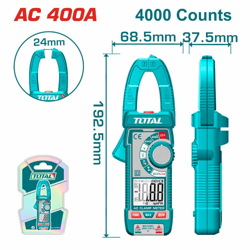Medidor De Abrazadera Pinza Amperimétrica 4000 Cuentas. Con Retención De Datos. AC 400A. Resistencia 400Ω.