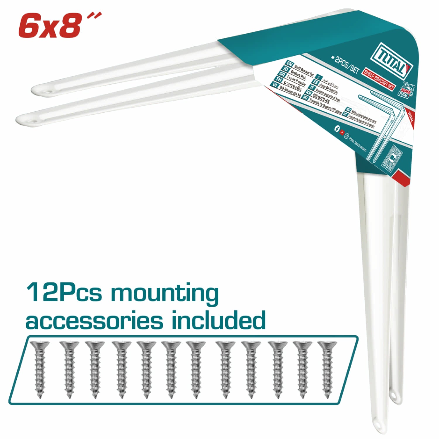 Soportes de Repisas 6x8" Esp. 1mm. 6 puntos de fijación. Cap. 20Kg (por par). Set de 2 piezas. Pie de amigo escuadras