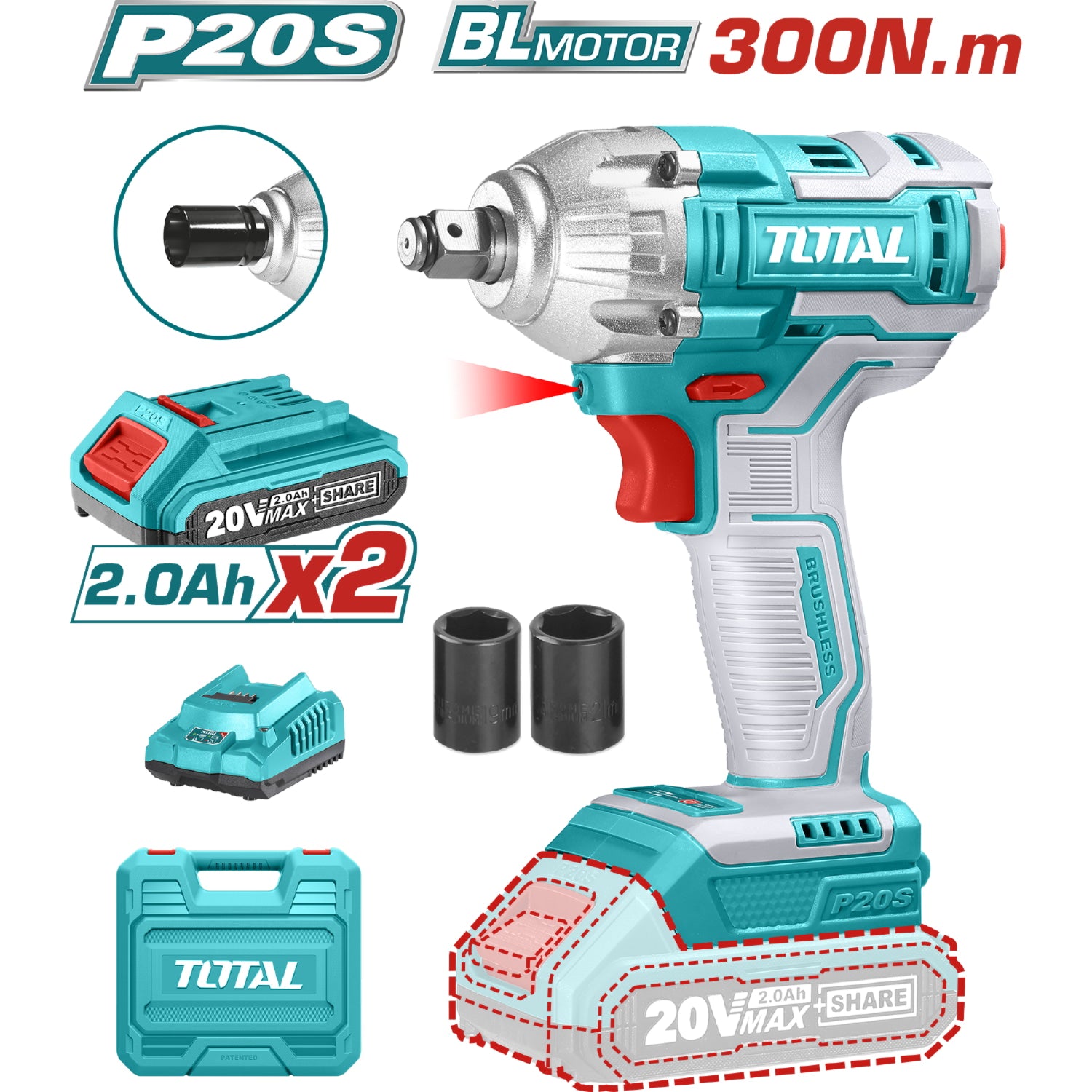 Llave impacto dado cuadrado 1/2" 20V. Brushless sin escobillas. 300Nm. 2 baterías y 1 cargador.