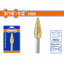 Broca escalonada 3/16"-1/2". Diámetro de vástago: 1/4". Pasos: 1/16".