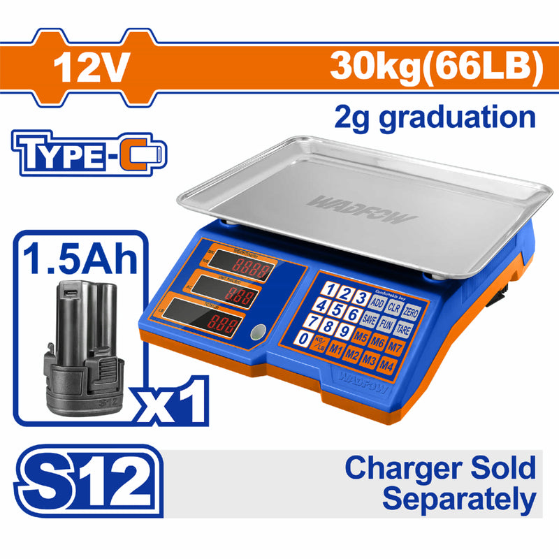 Balanza de Supermercado para Alimentos. 2G-30Kg. Pantalla LED. Bateria 12V. Cargador USB tipo C por separado.