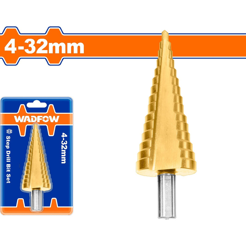 Broca escalonada 4-32mm. Vástago redondo. Pasos: 2mm. Diámetro 10mm.