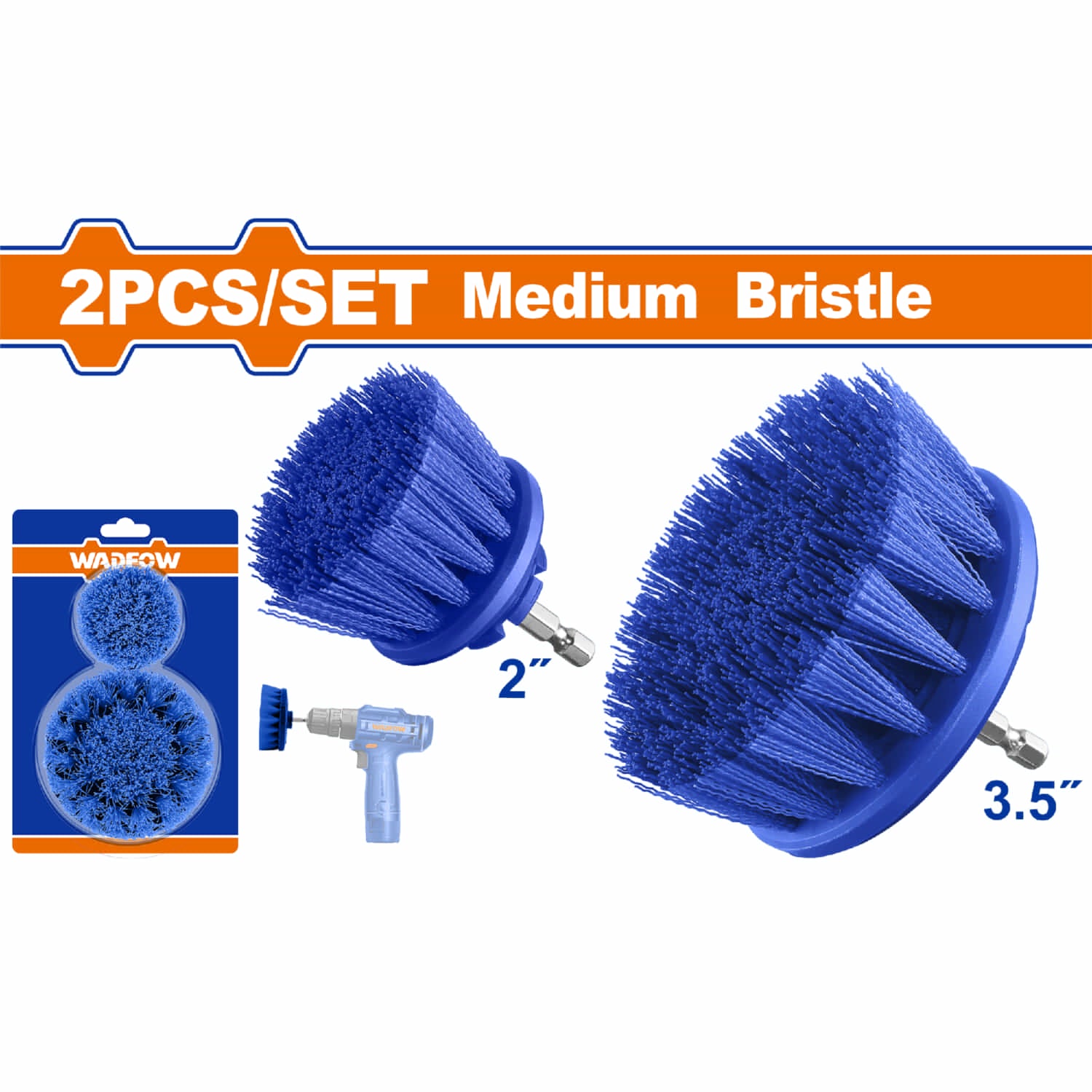 Cepillos cerdas medianas 2" y 3.5" Set de 2 pzas. Ideal: Pisos, porcelana. Vástago 1/4" hexagonal.