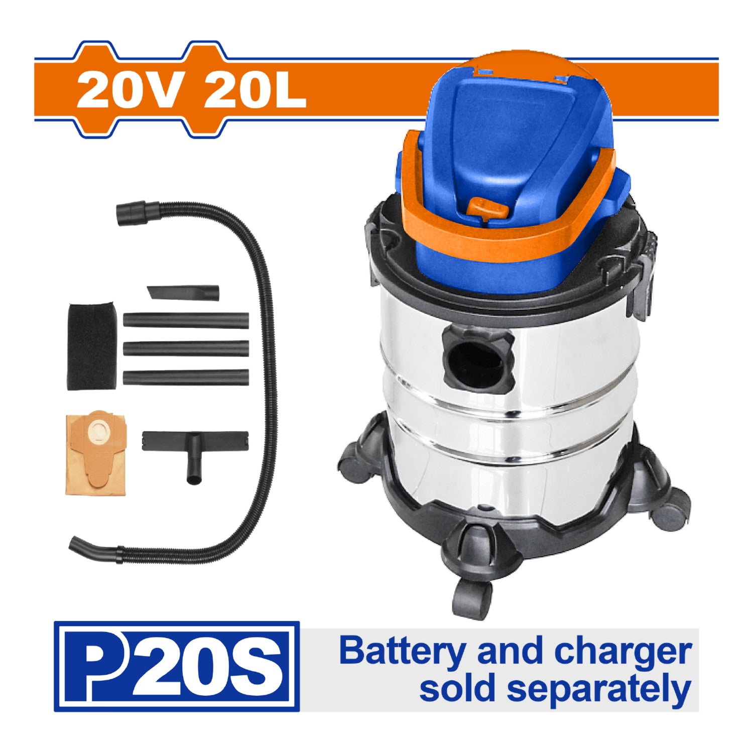 Aspiradora inalambrica 20V Capacidad 20L. Filtro HEPA. No incluye Bateria ni Cargador.