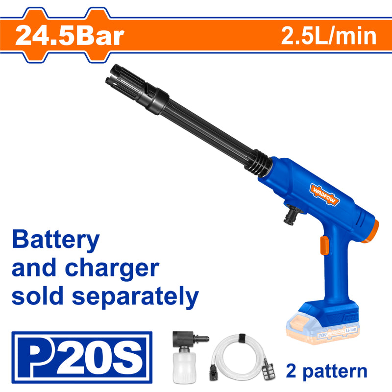 Hidrolavadora Inalámbrica 20V 2.5L Portátil. Presión 24.5 Bar. Batería y cargador por separado.