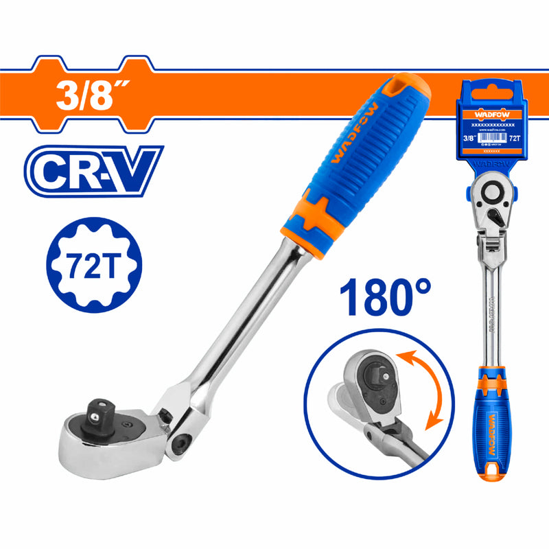 Ratchet de Cabeza Flexible 3/8". Cr-V.72 dientes. Rota 180º. Long: 250mm. Térmico. Cromado.